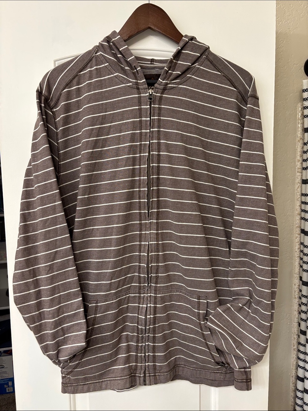 PrAna Men's Zip-Up Hooded Jersey Sweater Jacket in Heather Brown Stripe Size XXL